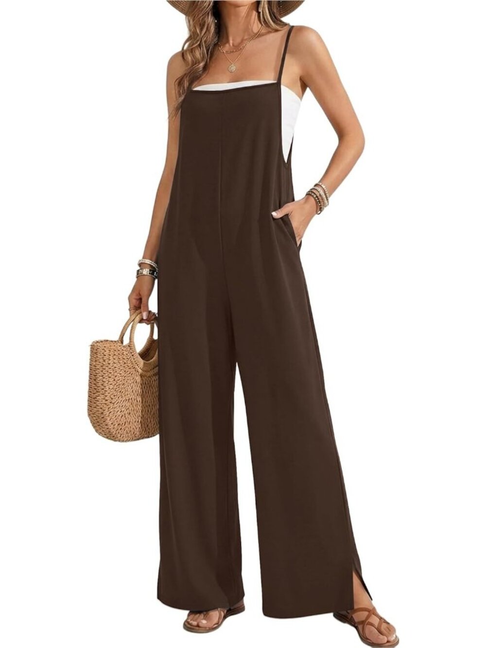 Women's Jumpsuits Brown Casual Summer Wide Leg Sleeveless Rompers With Pockets